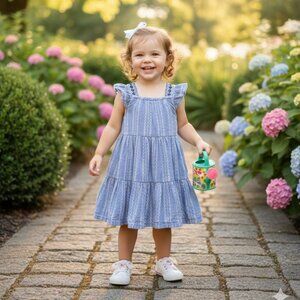 ⭐ Cynthia Rowley Blue Embroidered Tiered Dress With Flutter Sleeves 3T